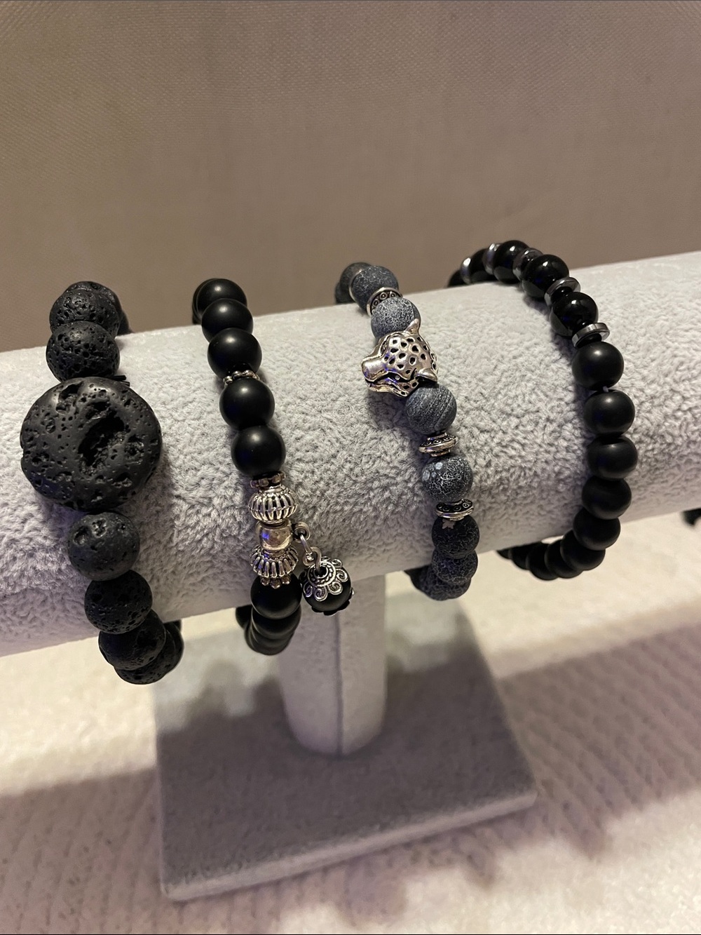 Men’s set of 4, Polished & Matte Ony, Lava stone Bracelets with charms